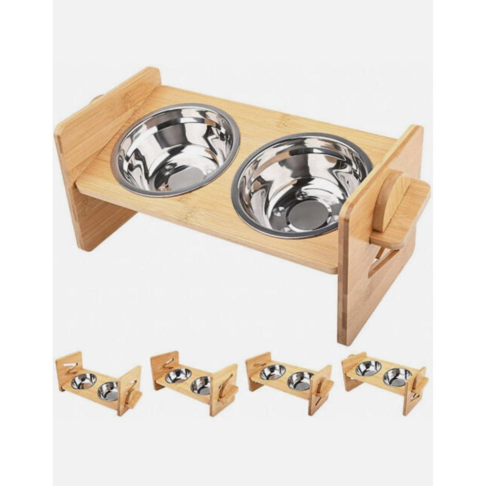 Raised Pet Bowl Bamboo Elevated Stand Feeder Double Dog Cat Food Water Bowl Tilt